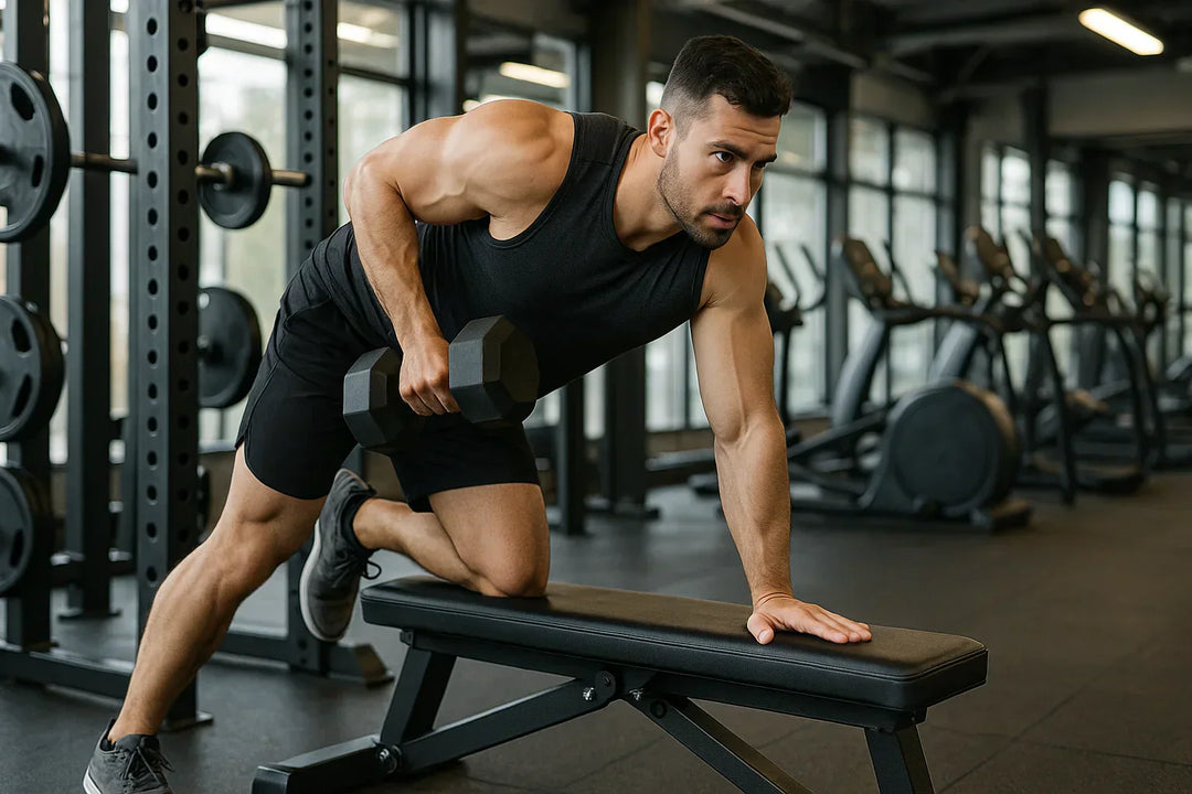 A man in athletic wear performs a one-arm dumbbell row on a bench in a gym, surrounded by exercise equipment and large windows.