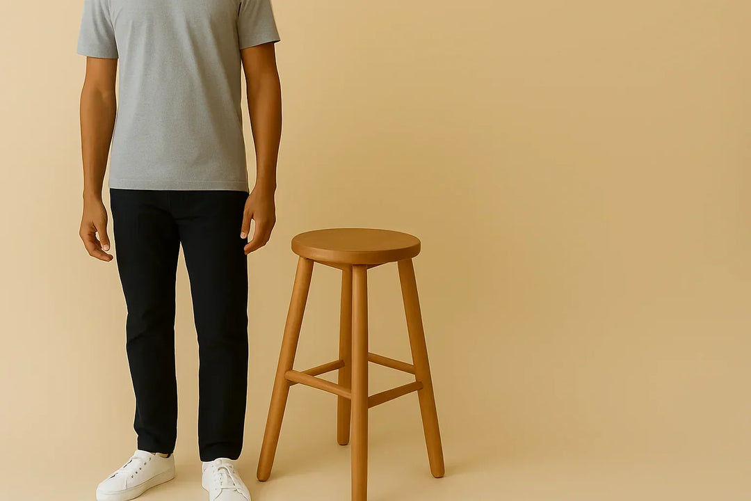 A person wearing a gray t-shirt, black pants, and white sneakers stands next to a wooden stool against a beige background. The persons head and upper body are not visible.