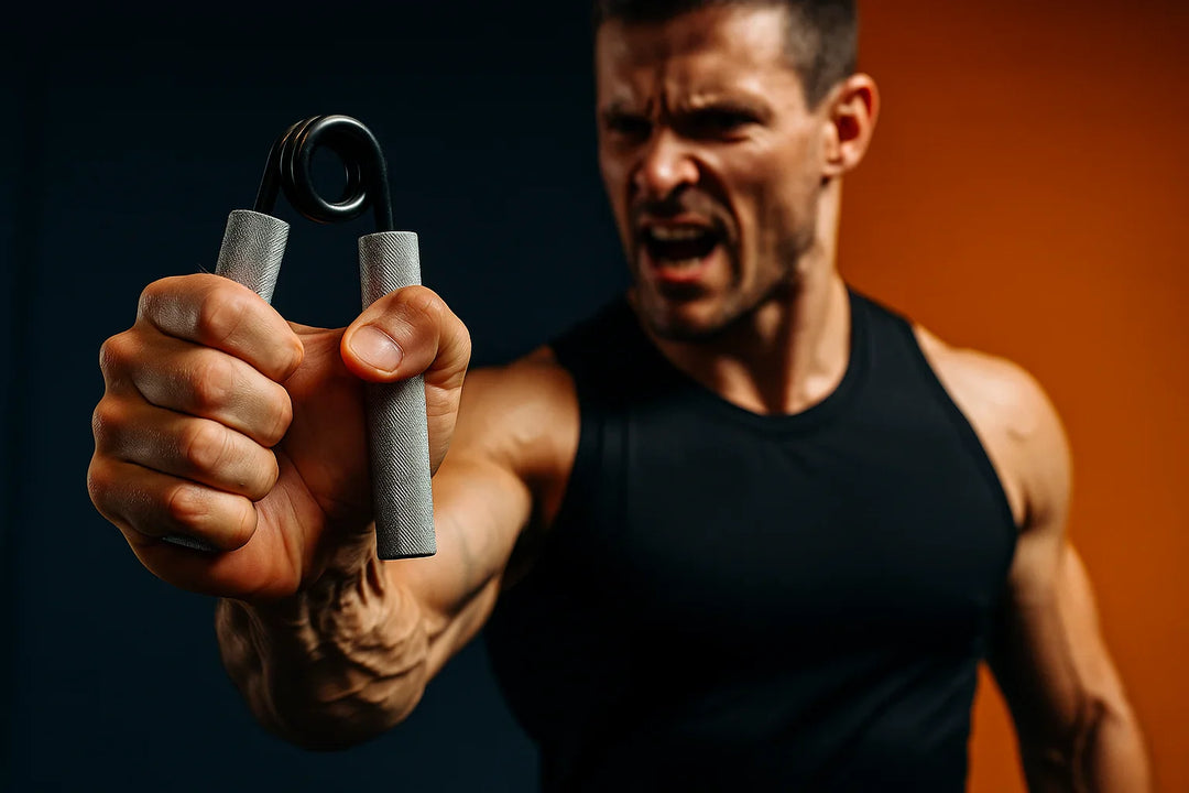 A muscular man in a black tank top fiercely squeezes a hand grip strengthener, showing effort and intensity on his face against a dark, two-toned background.