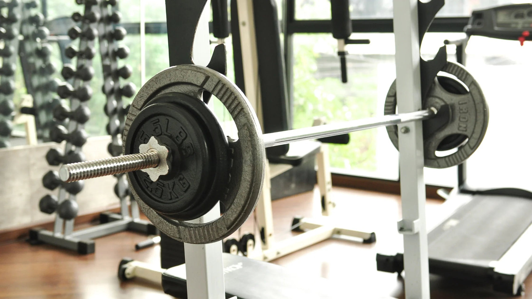 A barbell on a squat rack