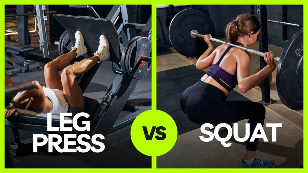 Split image comparing leg press and squat exercises. On the left, a person on a leg press machine, and on the right, a person performing a barbell squat. Text: LEG PRESS VS SQUAT in bold white letters.