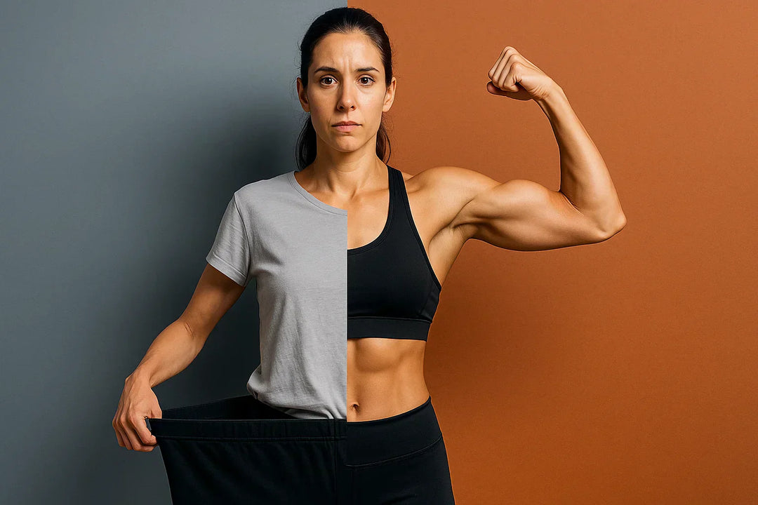 A woman stands against a split gray and brown background. The left side shows her in loose pants and a t-shirt, while the right shows her in a sports bra, flexing a muscular arm, highlighting a fitness transformation.