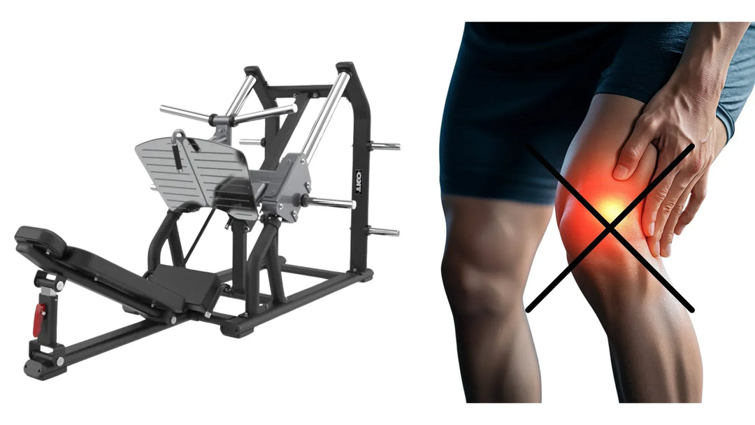 A leg press machine is on the left. On the right, a person holds their knee with an X mark over it, highlighting joint pain.