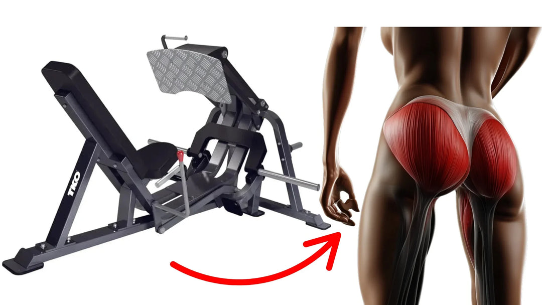 A leg press machine is shown on the left with a red arrow pointing to the right. On the right, a human figure highlights muscles in the gluteal region.