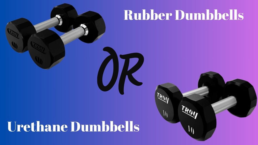 a pair of rubber and urethane dumbbells