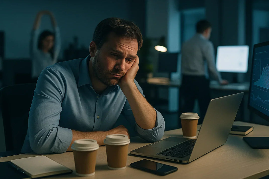 A tired man sits at his desk with his head resting on his hand, surrounded by coffee cups, a laptop, notepad, and phone. Office setting with two colleagues in the background, one stretching and one working at a computer.