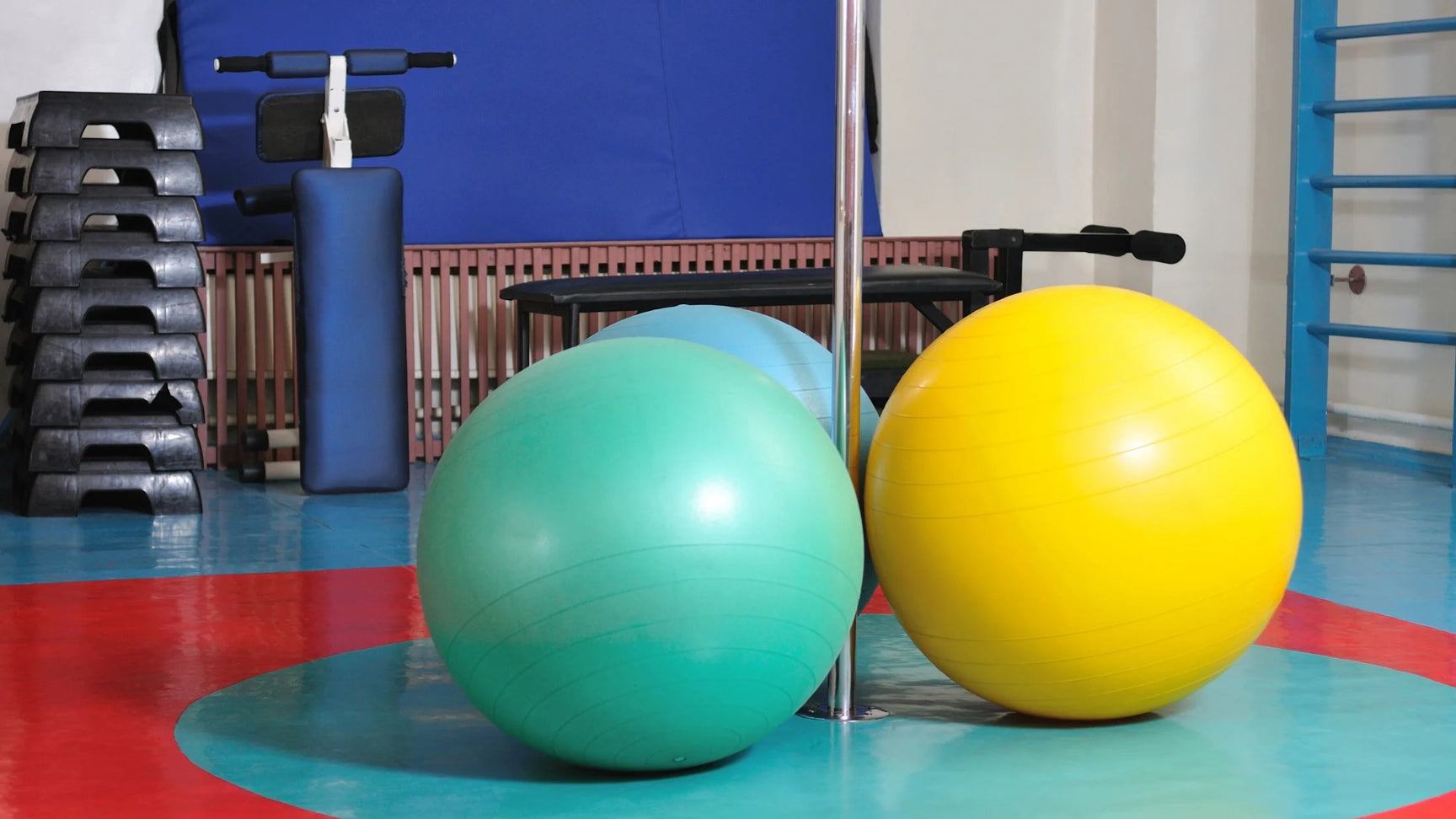 A gym portion showing exercise balls
