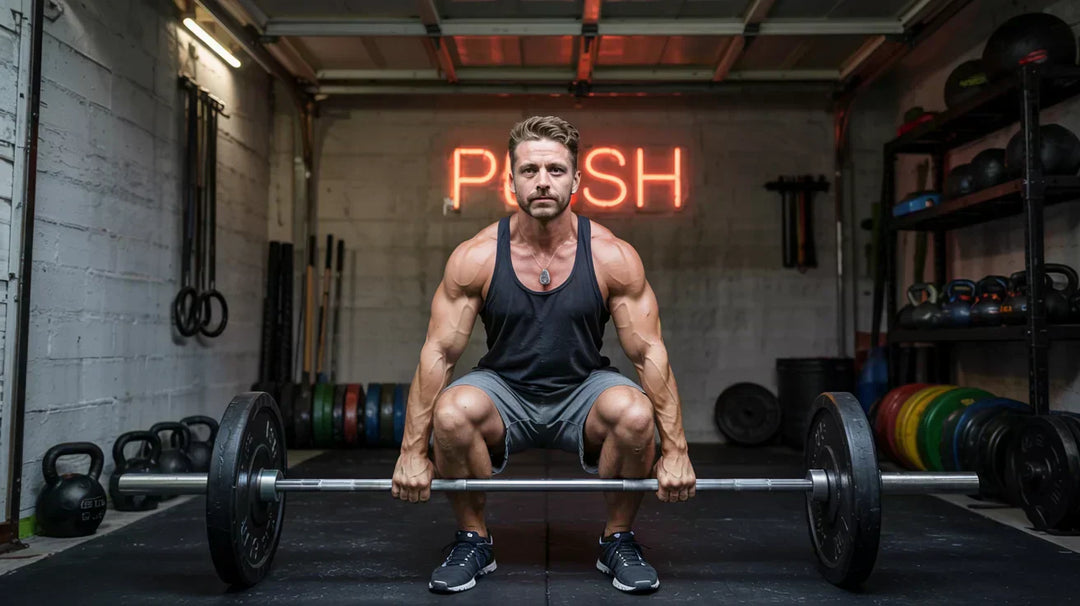 A muscular man in a black tank top and gray shorts prepares to lift a barbell in a gym with a PUSH neon sign on the wall. Weights and fitness equipment are visible in the background.