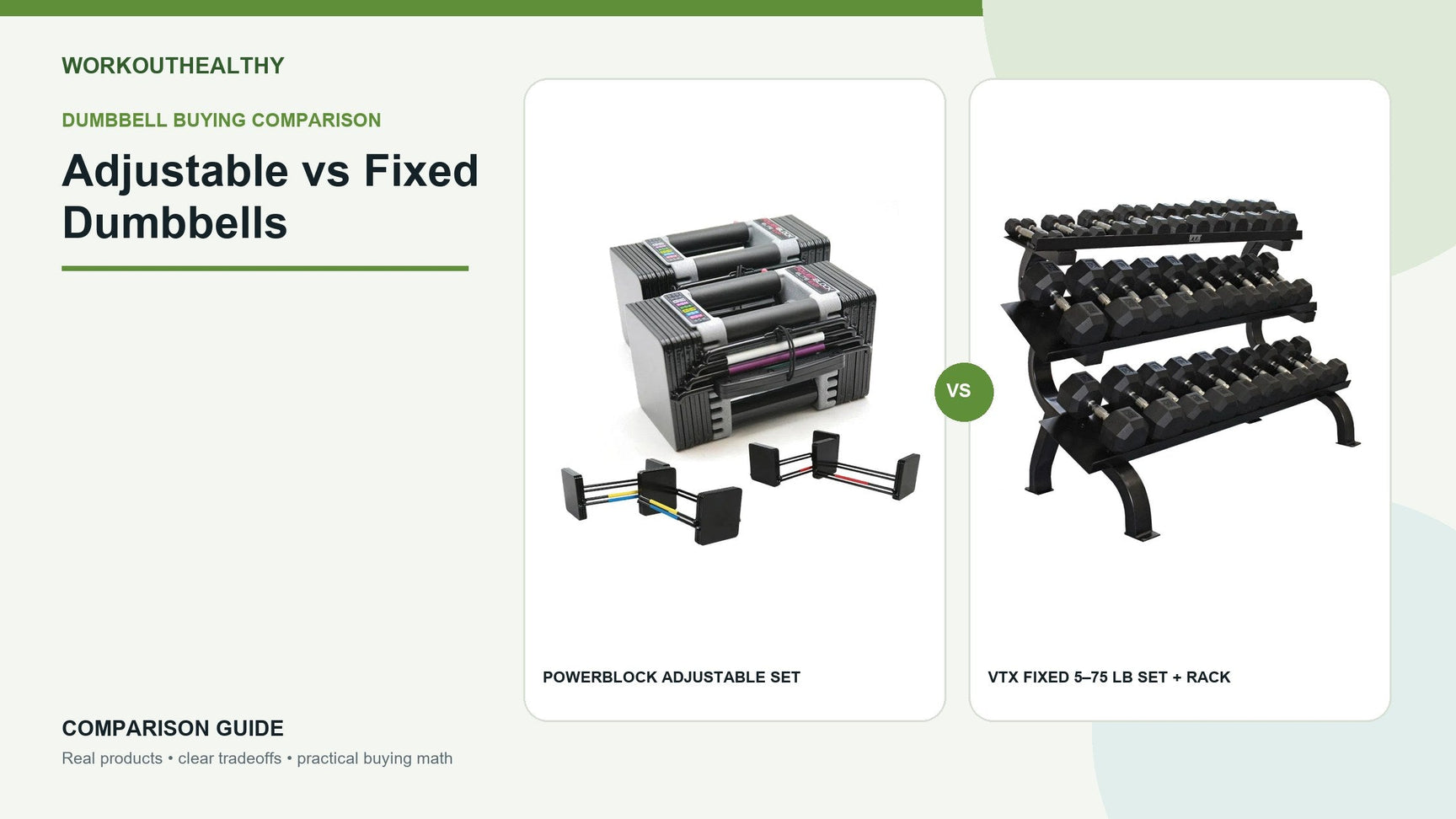 PowerBlock adjustable dumbbells compared with a VTX fixed dumbbell set and storage rack