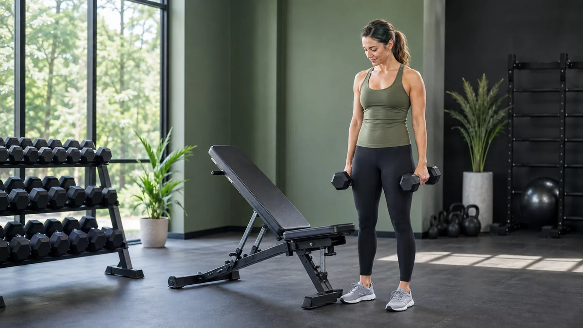 Woman preparing dumbbells beside a bench for a beginner full-body workout