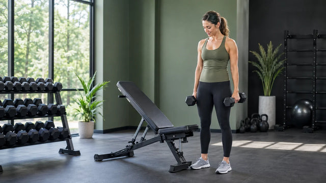 Woman preparing dumbbells beside a bench for a beginner full-body workout