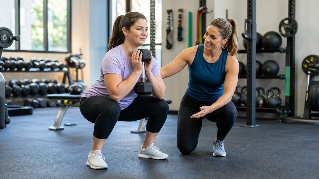 Beginner performs a light goblet squat while a trainer coaches her stance and knee alignment.