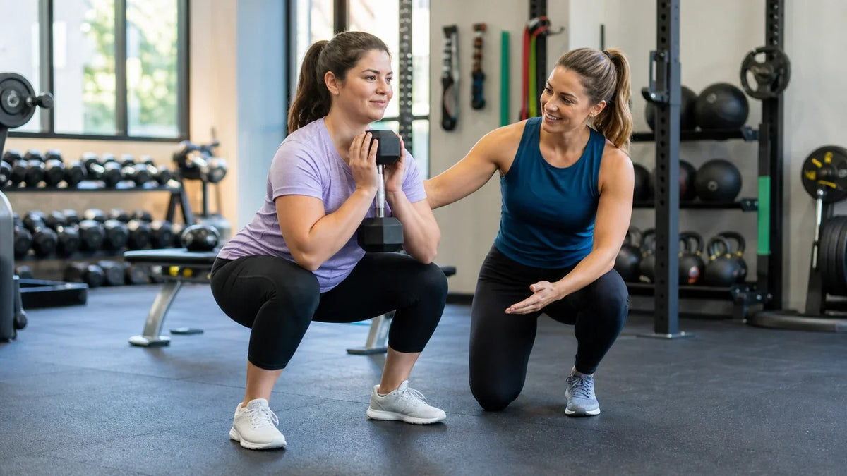 Beginner performs a light goblet squat while a trainer coaches her stance and knee alignment.