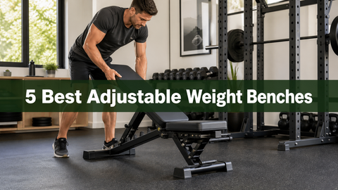 An athlete adjusting a weight bench in a bright home gym, with a green banner reading 5 Best Adjustable Weight Benches.