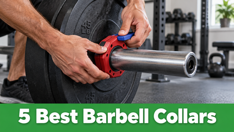 Hands secure a red quick-release collar on an Olympic barbell above a green banner reading 5 Best Barbell Collars.