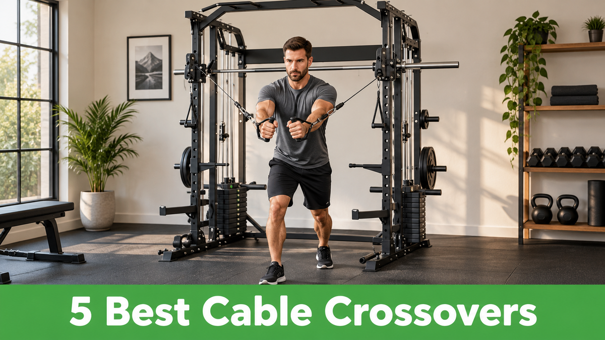 A person performs a cable fly on a crossover rack in a home gym, with a green banner reading 5 Best Cable Crossovers.