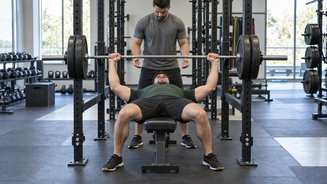 Lifter performing a flat barbell bench press with an attentive spotter in a bright strength gym