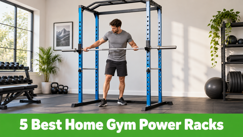 A lifter sets up a barbell inside a power cage in a home gym, above a green banner reading 5 Best Home Gym Power Racks.