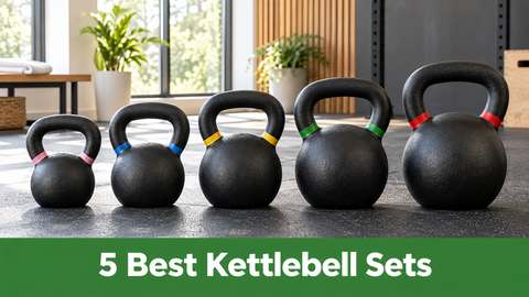 Five black kettlebells in increasing sizes on a gym floor. Green banner reads 5 Best Kettlebell Sets.