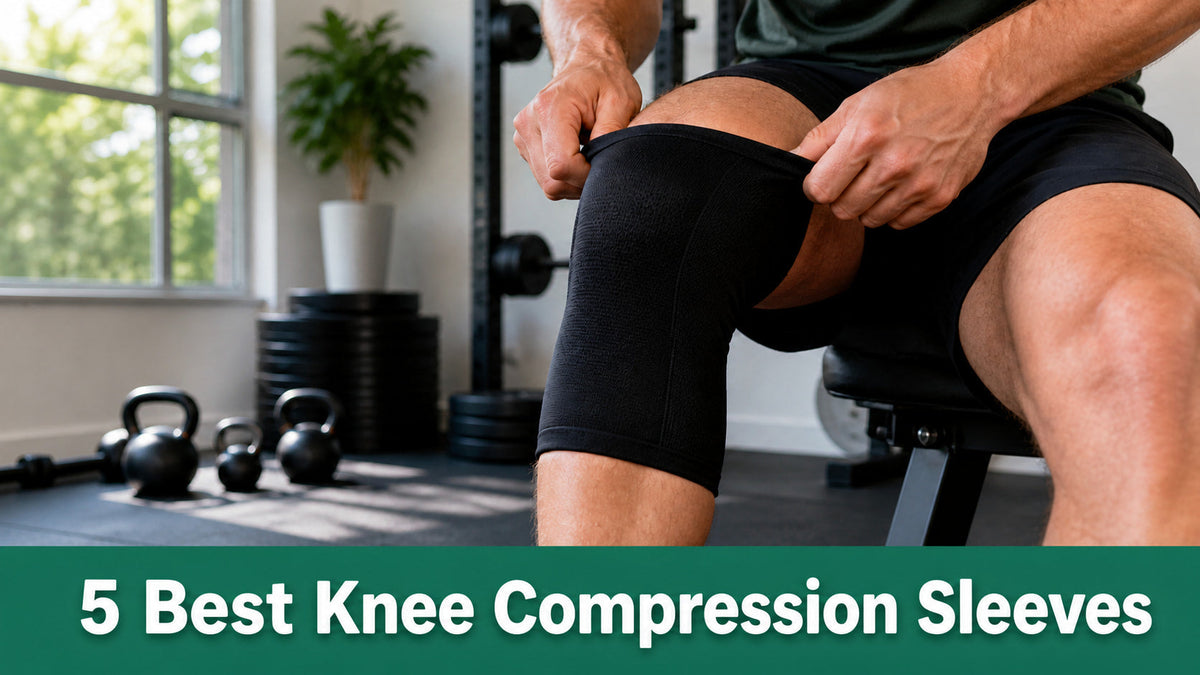 An adult pulling on a black knee compression sleeve in a home gym, with a green banner reading 5 Best Knee Compression Sleeves.