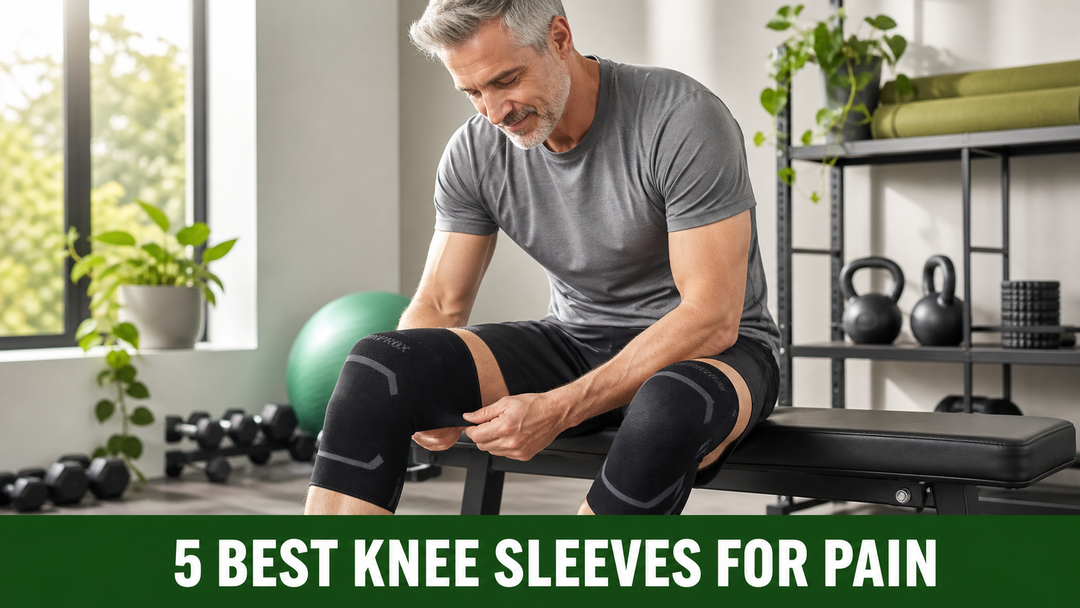 An active adult adjusting black knee sleeves in a home gym, with a green banner reading 5 Best Knee Sleeves for Pain.