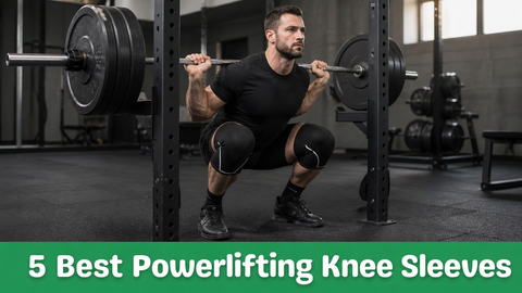 A powerlifter squatting in black knee sleeves, with a green banner reading 5 Best Powerlifting Knee Sleeves.