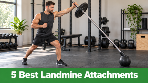 A lifter performs a landmine press in a home gym with a compact rubber landmine base; green banner reads 5 Best Landmine Attachments.
