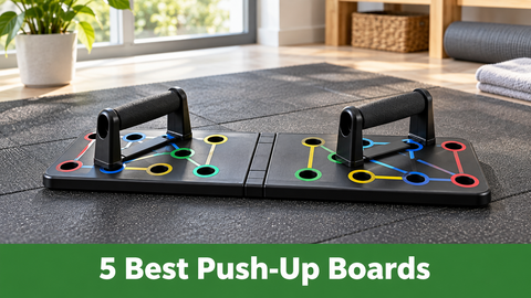 A black push-up board with movable handles and colored grip positions on a gym floor. Green banner reads 5 Best Push-Up Boards.