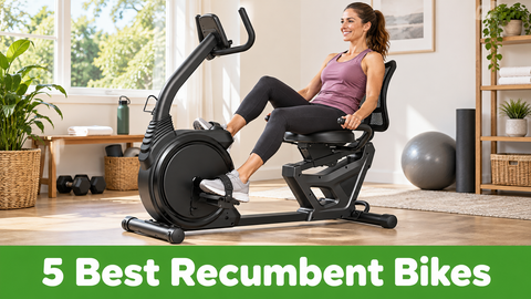 A woman pedals a black recumbent exercise bike in a bright home gym; green banner reads 5 Best Recumbent Bikes.