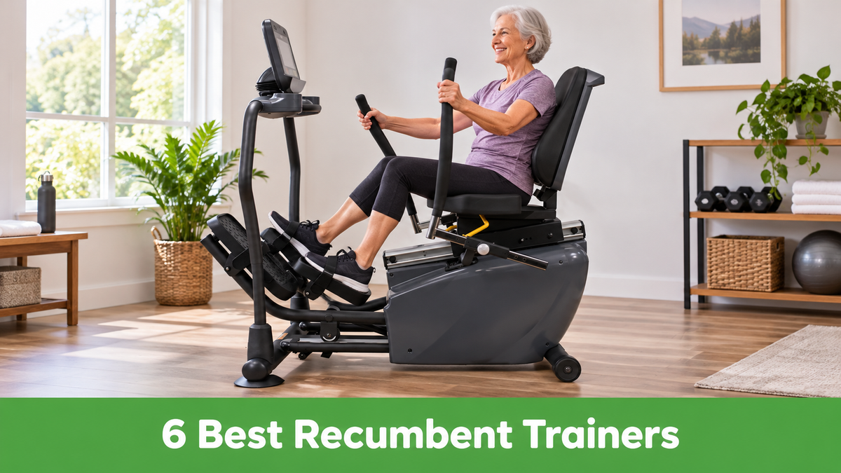 An older adult uses a seated recumbent elliptical in a bright home gym above a green banner reading 6 Best Recumbent Trainers.