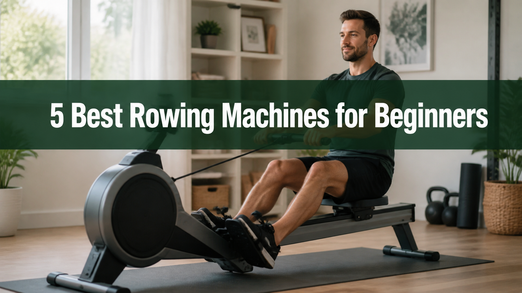 A beginner using a rowing machine in a bright home workout room, with a green banner reading 5 Best Rowing Machines for Beginners.