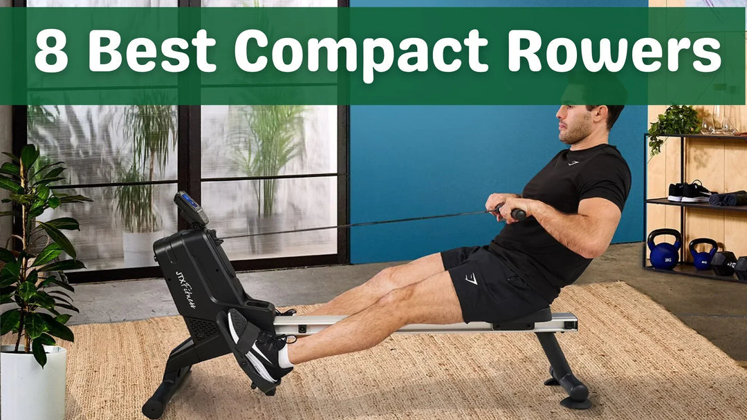 The Merach R02B8 compact rowing machine in use, our best overall pick, shown with a smartwatch and smartphone displaying live workout metrics.