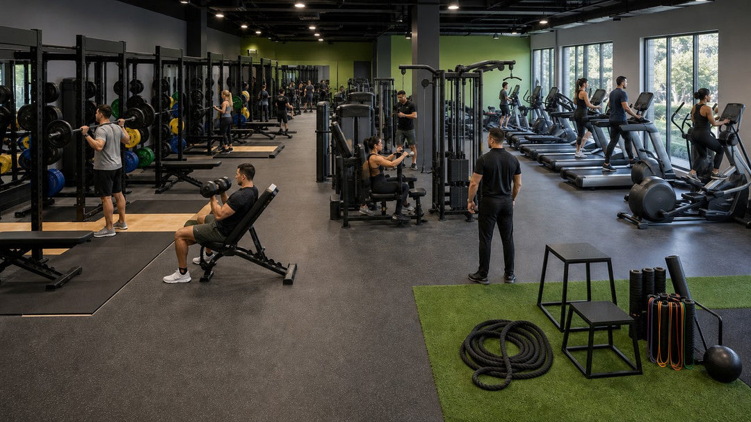 Full commercial gym floor with free weights, selectorized strength machines, cardio equipment, and functional training space