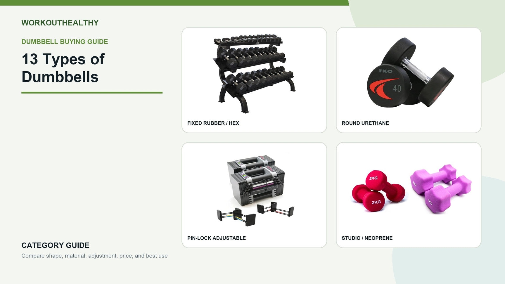 Four dumbbell families including fixed hex, round urethane, adjustable, and studio dumbbells