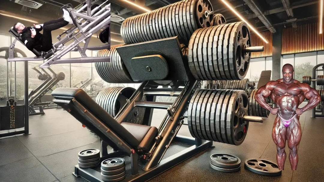 A heavily loaded leg press machine in a gym, surrounded by multiple weight plates. Ronnie Cloeman wearing bodybuilding attire stands nearby, flexing muscles. The gym has modern lighting and equipment.