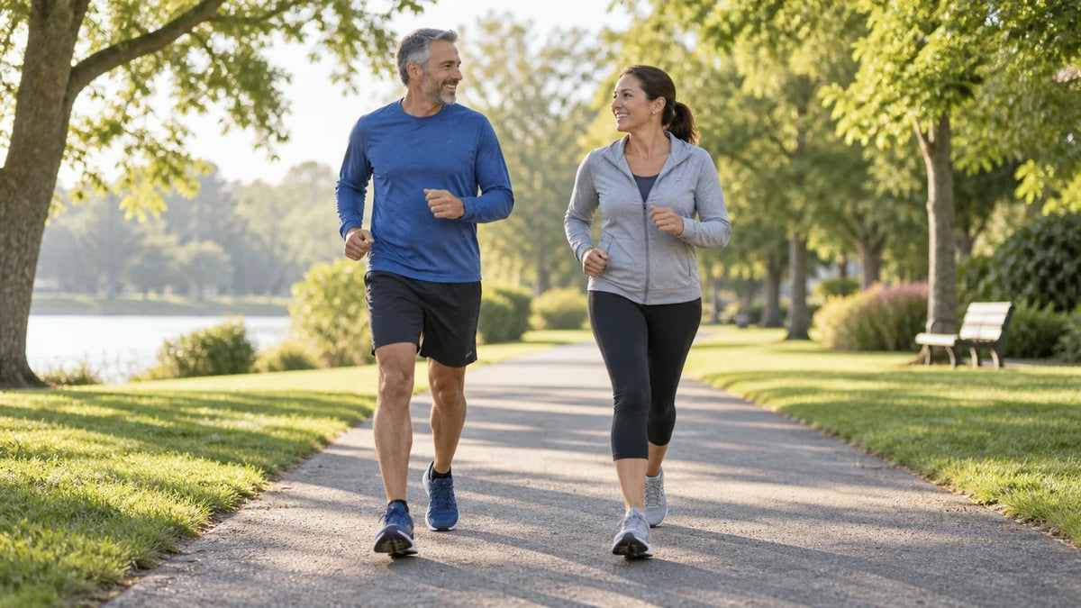 Two adults begin an easy endurance session on a park path