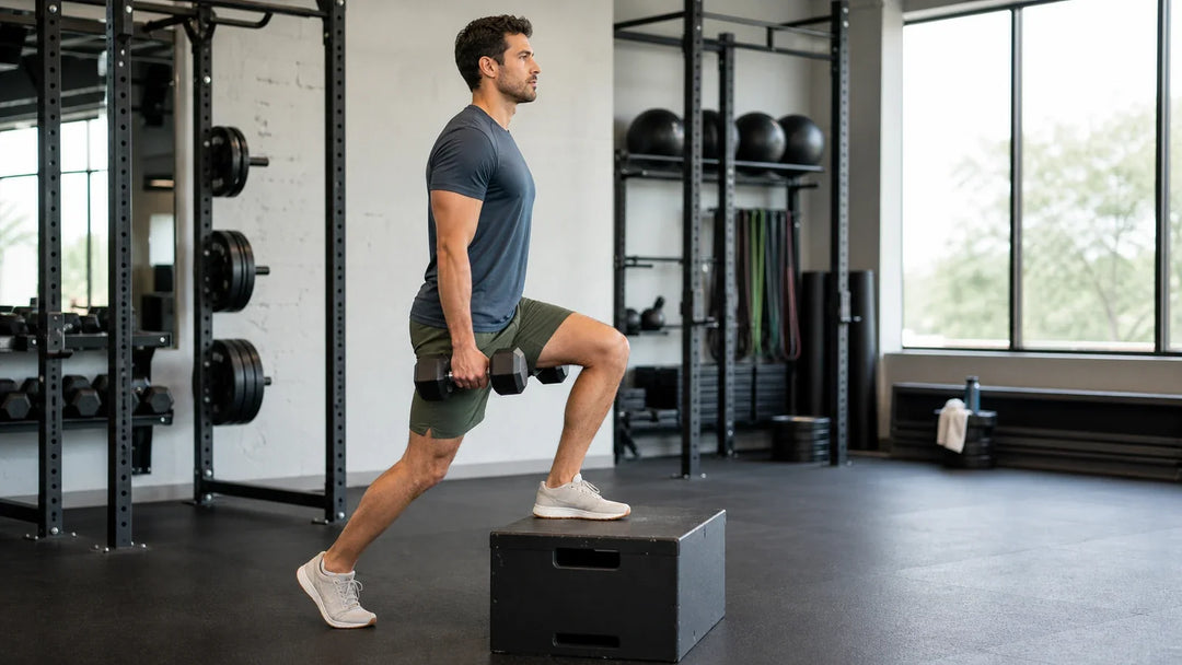 Athlete performs a controlled low-box step-up while holding a light dumbbell in each hand.