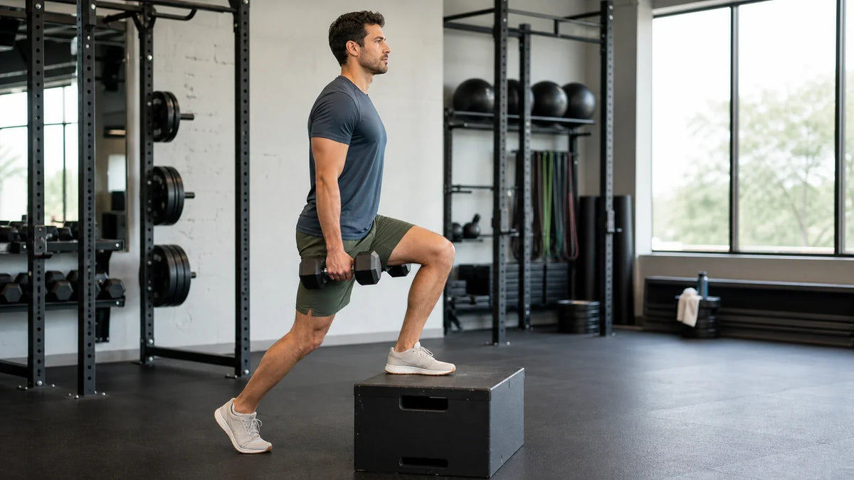 Athlete performs a controlled low-box step-up while holding a light dumbbell in each hand.
