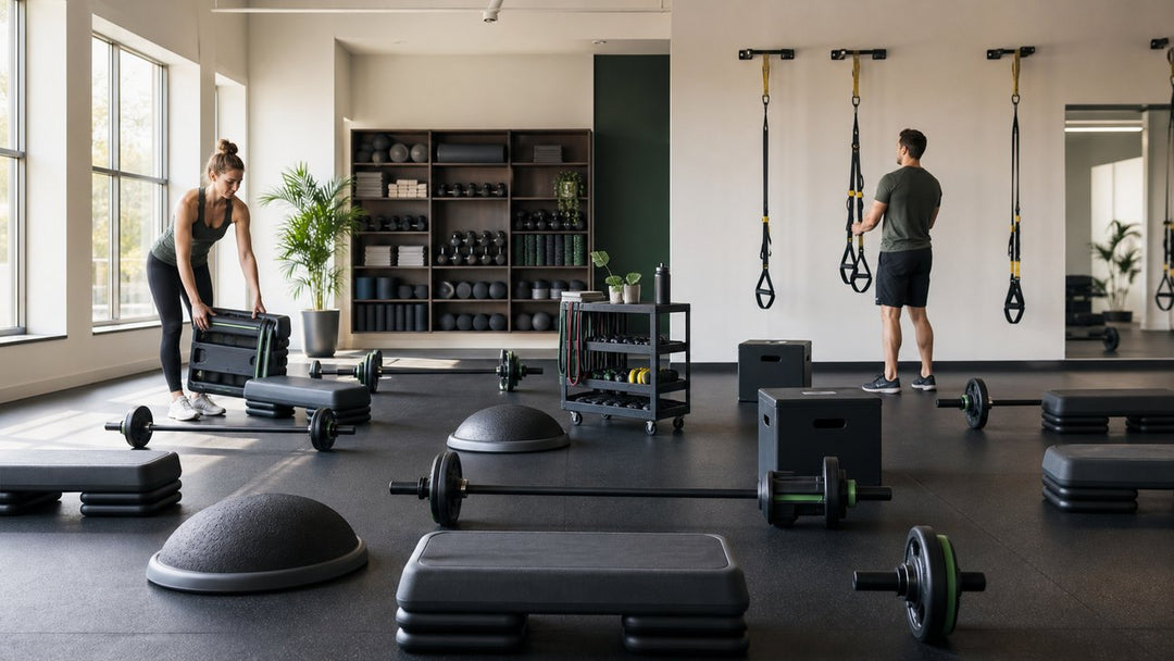 Modern group fitness studio with steps, studio barbells, suspension trainers, balance trainers and storage