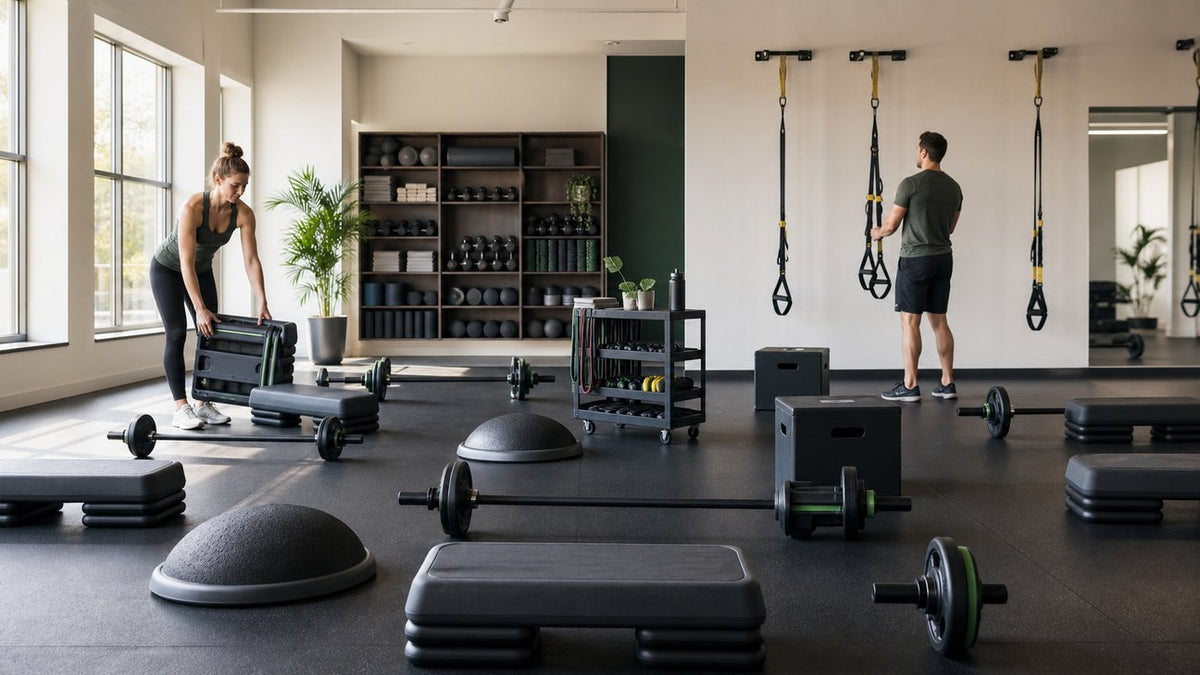 Modern group fitness studio with steps, studio barbells, suspension trainers, balance trainers and storage