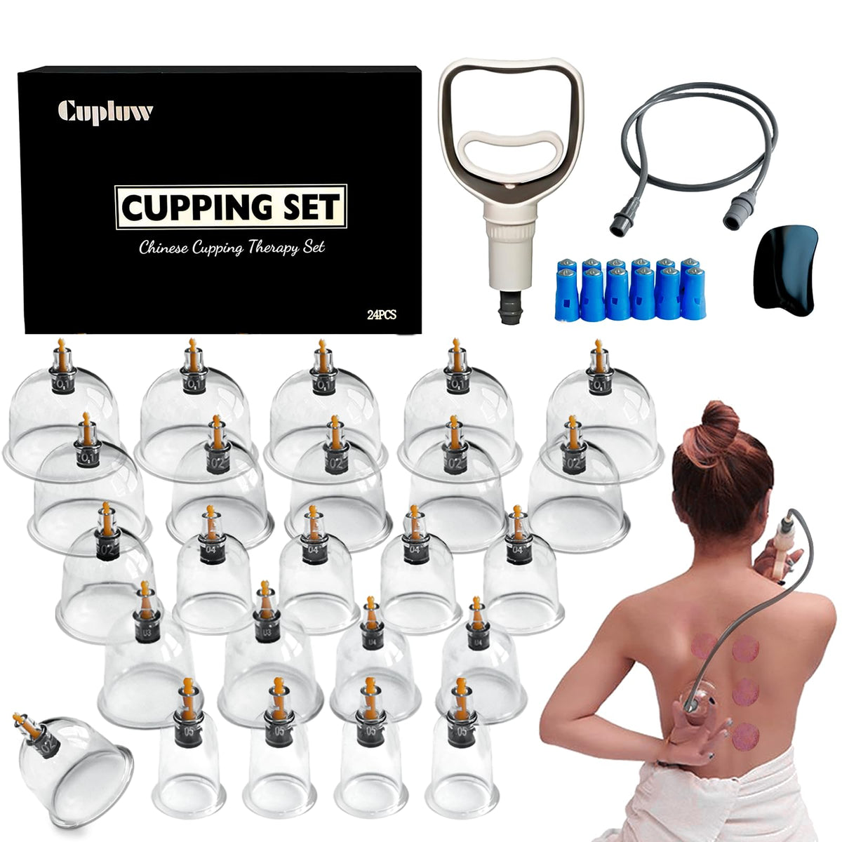 The Cupluw 24-cup cupping set with six cup sizes, a hand pump and a 35 inch extension tube, the longest reach for cupping your own back at home.