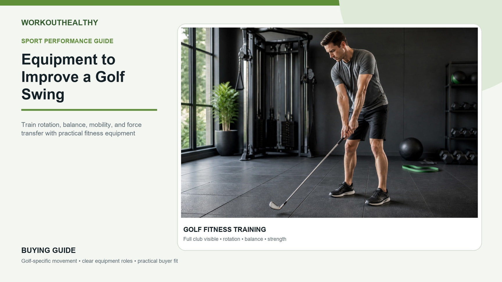Golfer holding a fully visible golf club in a functional training studio