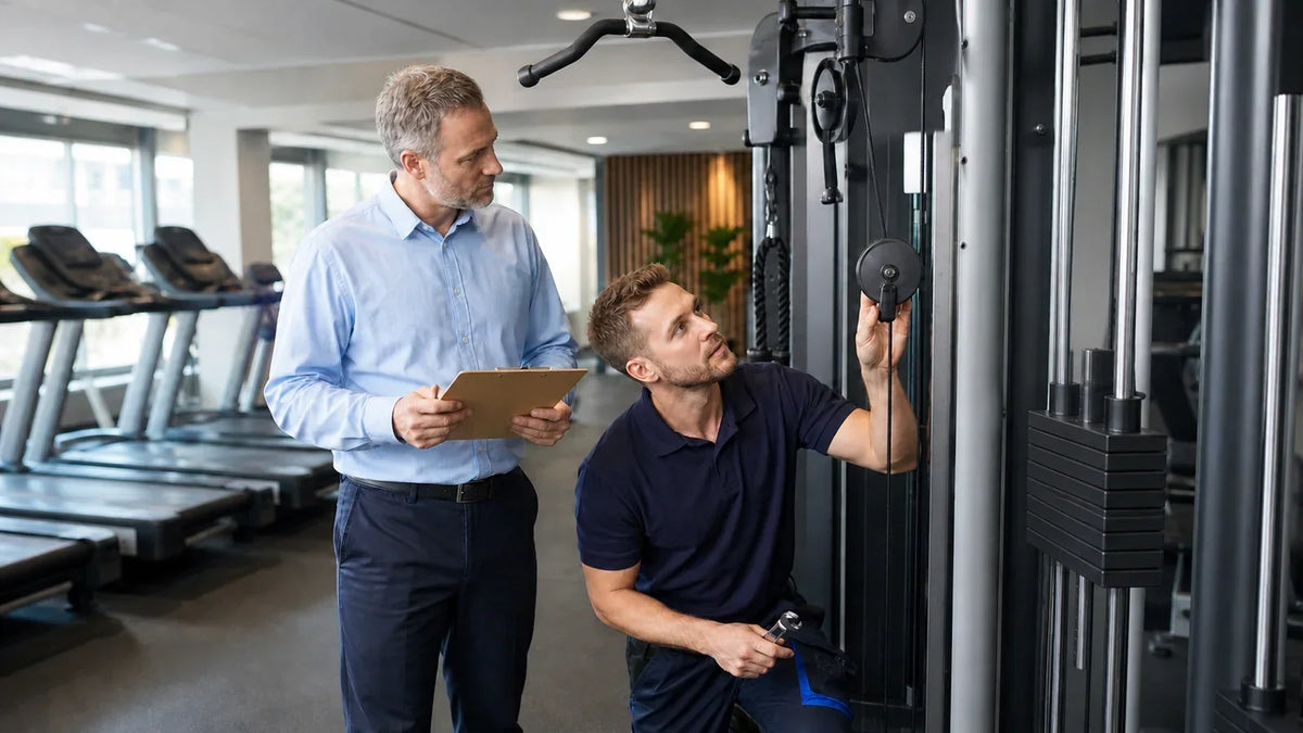 A maintenance technician inspects a cable-machine pulley while a gym manager records the check on a clipboard.