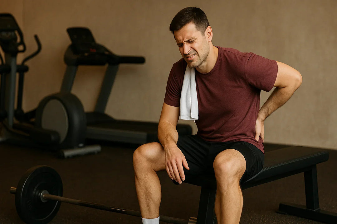 A man in workout clothes sits on a gym bench, holding his lower back in pain with a pained expression, a towel over his shoulder, and gym equipment like a barbell and treadmill in the background.