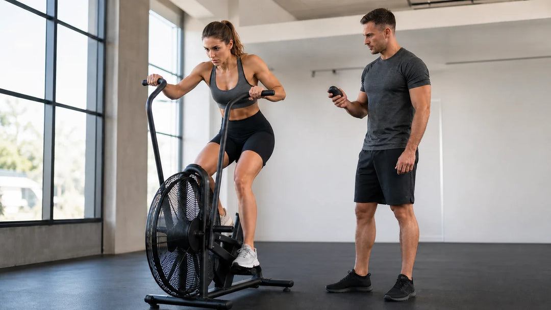 A gym athlete working through a hard interval on an air bike.
