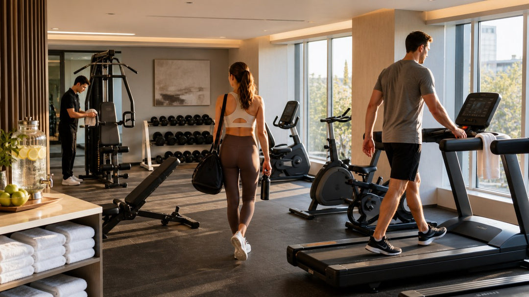 Hotel guests enter a modern fitness suite with commercial cardio and strength equipment