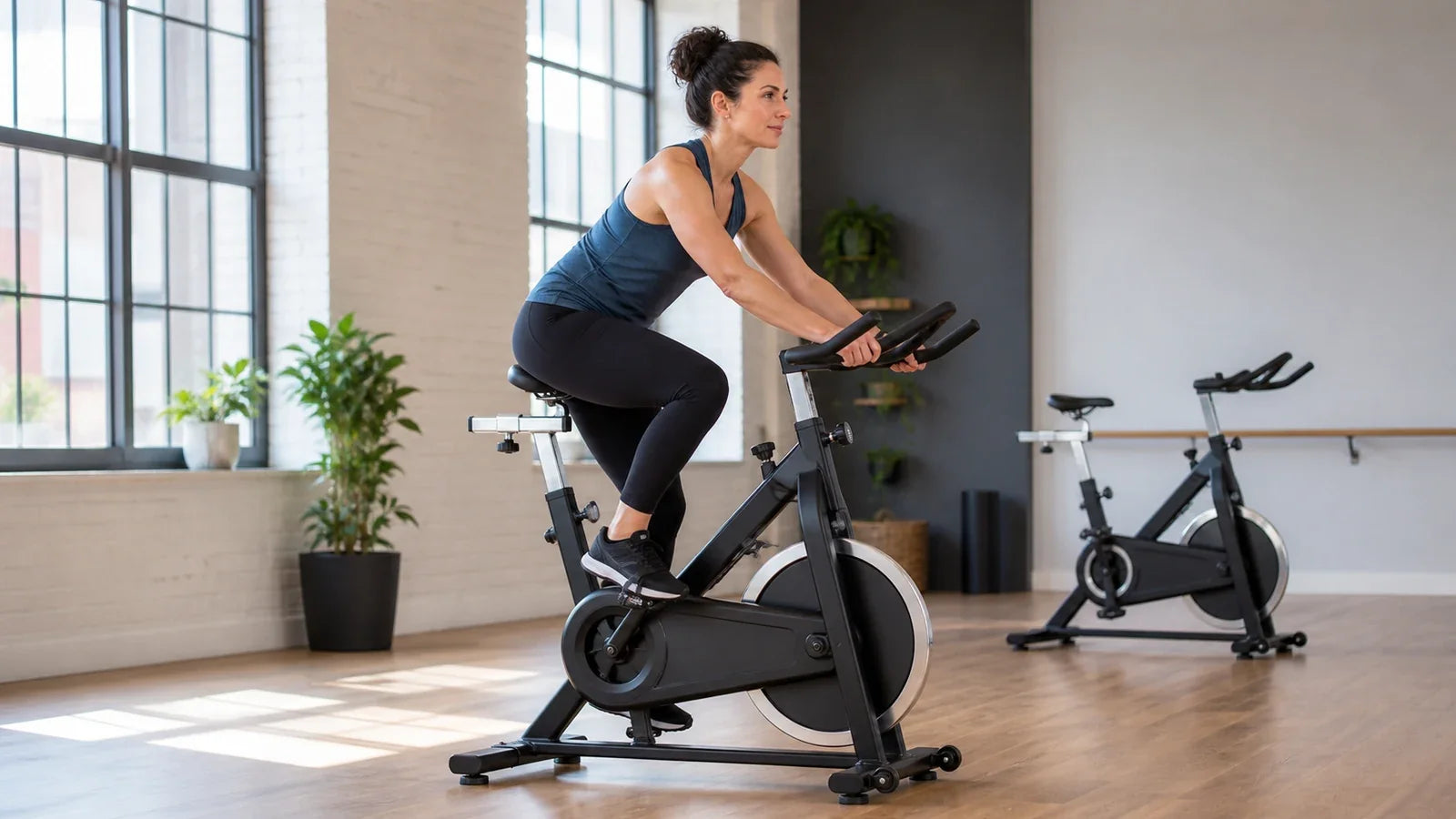 Cyclist riding a stationary indoor cycle, hands on the bars with elbows softly bent and a slight bend in the bottom knee.