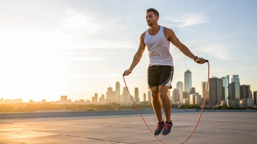 A man in athletic clothing jumps rope on a rooftop at sunrise or sunset, with a city skyline in the background.