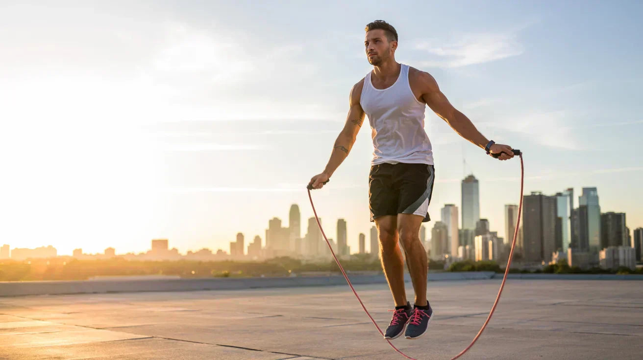 A man in athletic clothing jumps rope on a rooftop at sunrise or sunset, with a city skyline in the background.