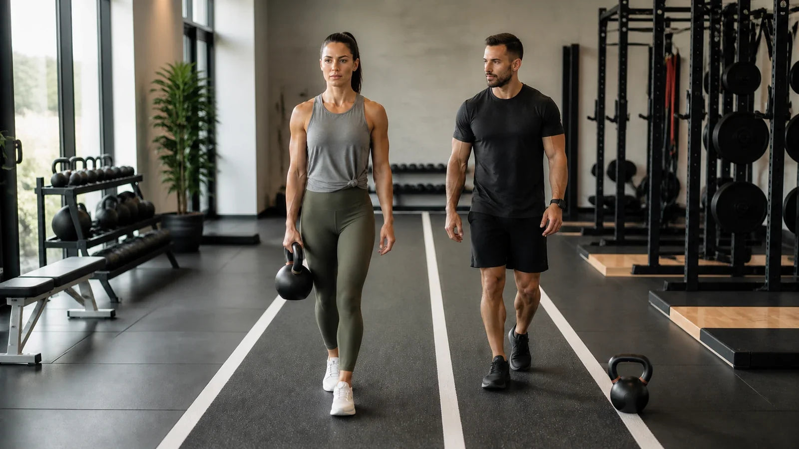 A lifter walks with a single kettlebell hanging at one side in a suitcase carry while a coach watches the torso stay upright.